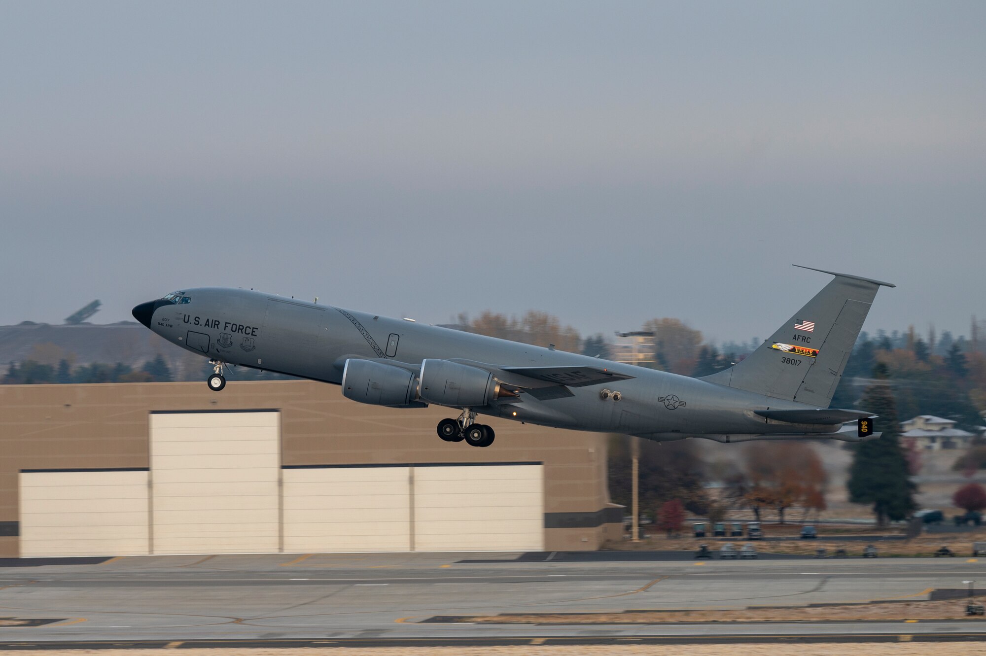 A KC-135 Stratotanker assigned to the 940th Air Refueling Wing takes off during exercise Mobility Response 25 in support of U.S. Strategic Command exercise Global Thunder 25 at Fairchild Air Force Base, Washington, Oct. 24, 2024. KC-135s conducted minimum-interval takeoffs, a critical procedure used in aviation to ensure that aircraft can safely take off and climb to their assigned altitude without interfering with other aircraft's flight paths. The KC-135 Stratotanker played a crucial role in this exercise and GT25, providing essential air-to-air refueling capabilities vital to sustaining long-range operations. (U.S. Air Force photo by Airman 1st Class Samantha Thorn)