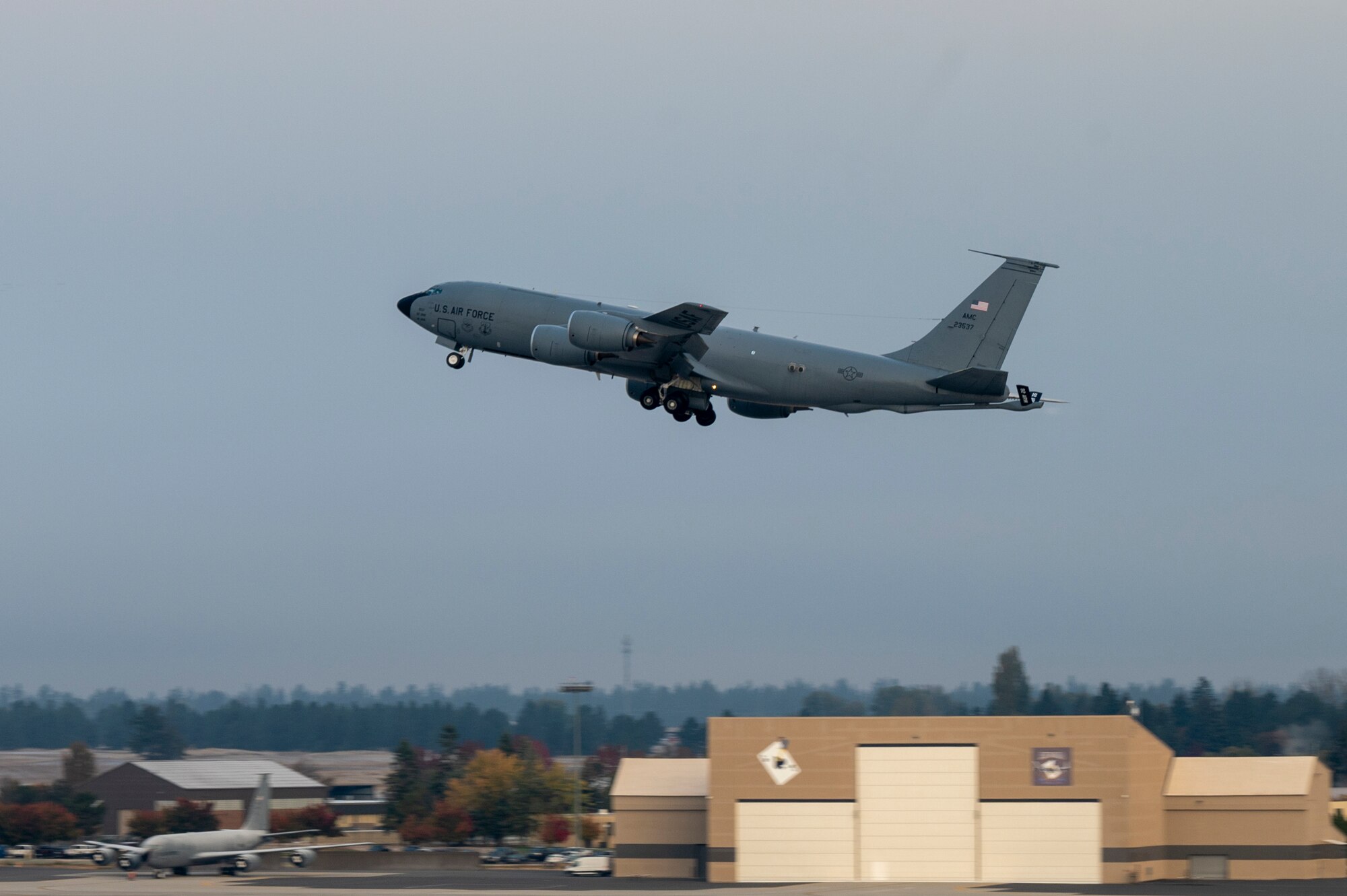 A KC-135 Stratotanker assigned to the 92nd Air Refueling Wing takes off during exercise Mobility Response 25 in support of U.S. Strategic Command exercise Global Thunder 25 at Fairchild Air Force Base, Washington, Oct. 24, 2024. KC-135s conducted minimum-interval takeoffs, a critical procedure used in aviation to ensure that aircraft can safely take off and climb to their assigned altitude without interfering with other aircraft's flight paths. The KC-135 Stratotanker played a crucial role in this exercise and GT25, providing essential air-to-air refueling capabilities vital to sustaining long-range operations. (U.S. Air Force photo by Airman 1st Class Samantha Thorn)