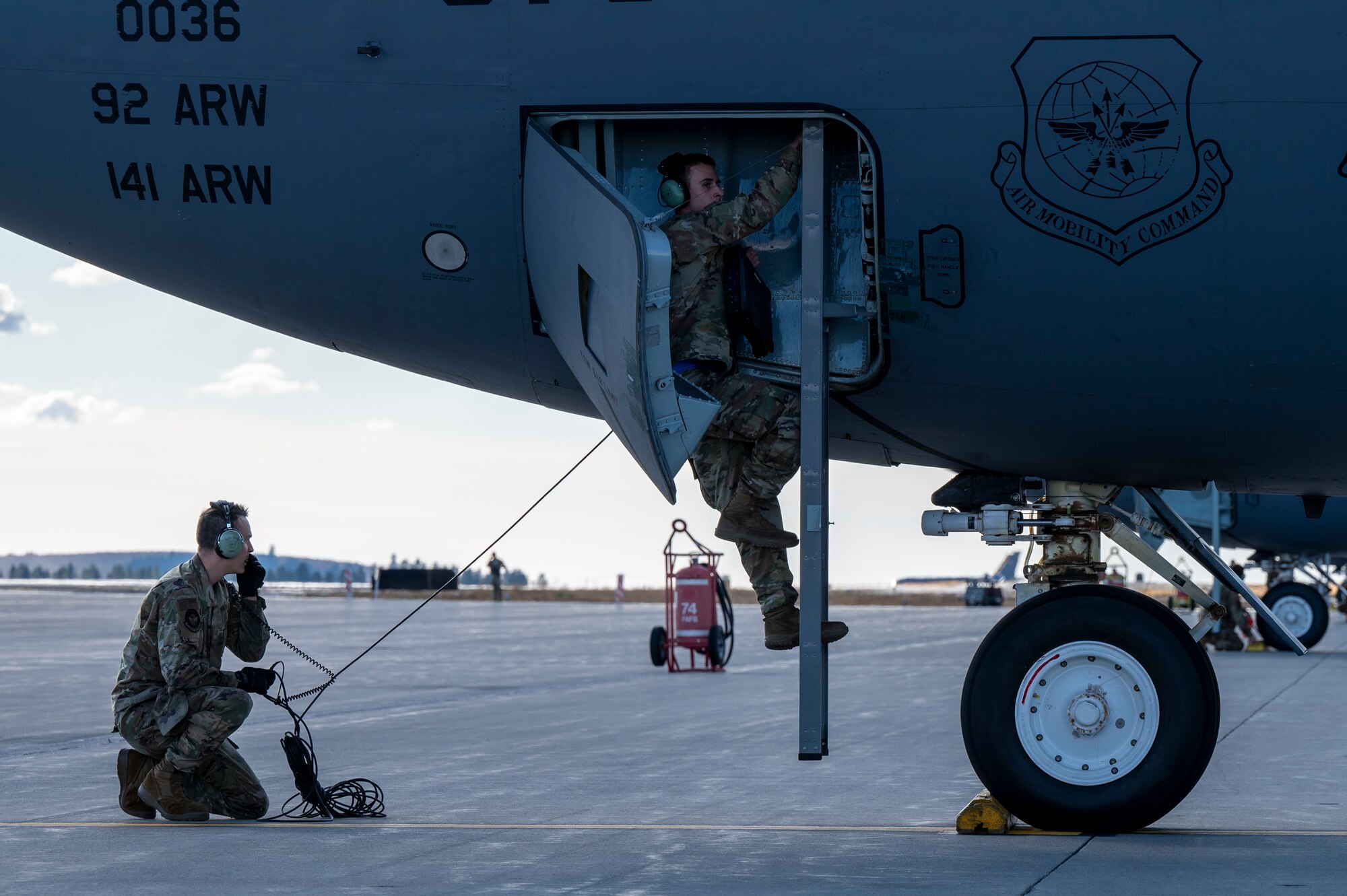 U.S. Air National Guardsmen assigned to the 116th Air Refueling Squadron respond to a simulated alert during exercise Mobility Response 25 in support of U.S. Strategic Command exercise Global Thunder 25 at Fairchild Air Force Base, Washington, Oct. 22, 2024. During this exercise, aircrews were graded on their ability to rapidly respond at a moment’s notice. Executing training exercises like MR25 prepares wings to support the warfighter at the furthest node to ensure light, lean, and distributed operations. (U.S. Air Force photo by Airman 1st Class Samantha Thorn)
