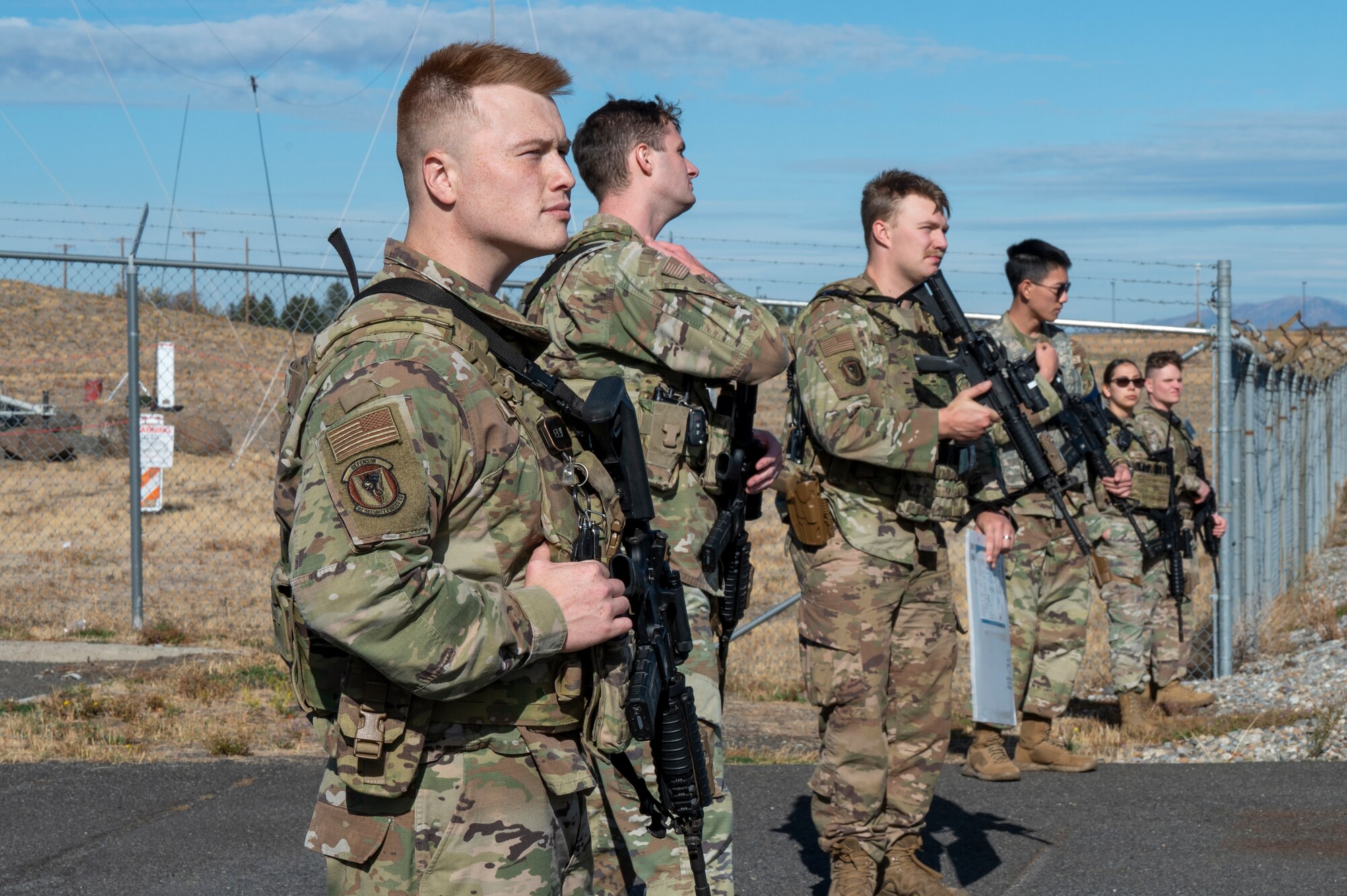 U.S. Air Force Staff Sgt. Brandon Studley, a base defense operations specialist, participates in the purging of the flightline during exercise Mobility Response 25 in support of U.S. Strategic Command exercise Global Thunder 25 at Fairchild Air Force Base, Washington, Oct. 20, 2024. Studley inspected the flightline to ensure the integrity of the area, ensuring the safety of all personnel and aircraft. Executing training exercises like MR25 prepares wings to support the warfighter at the furthest node to ensure light, lean, and distributed operations. (U.S. Air Force photo by Airman 1st Class Samantha Thorn)