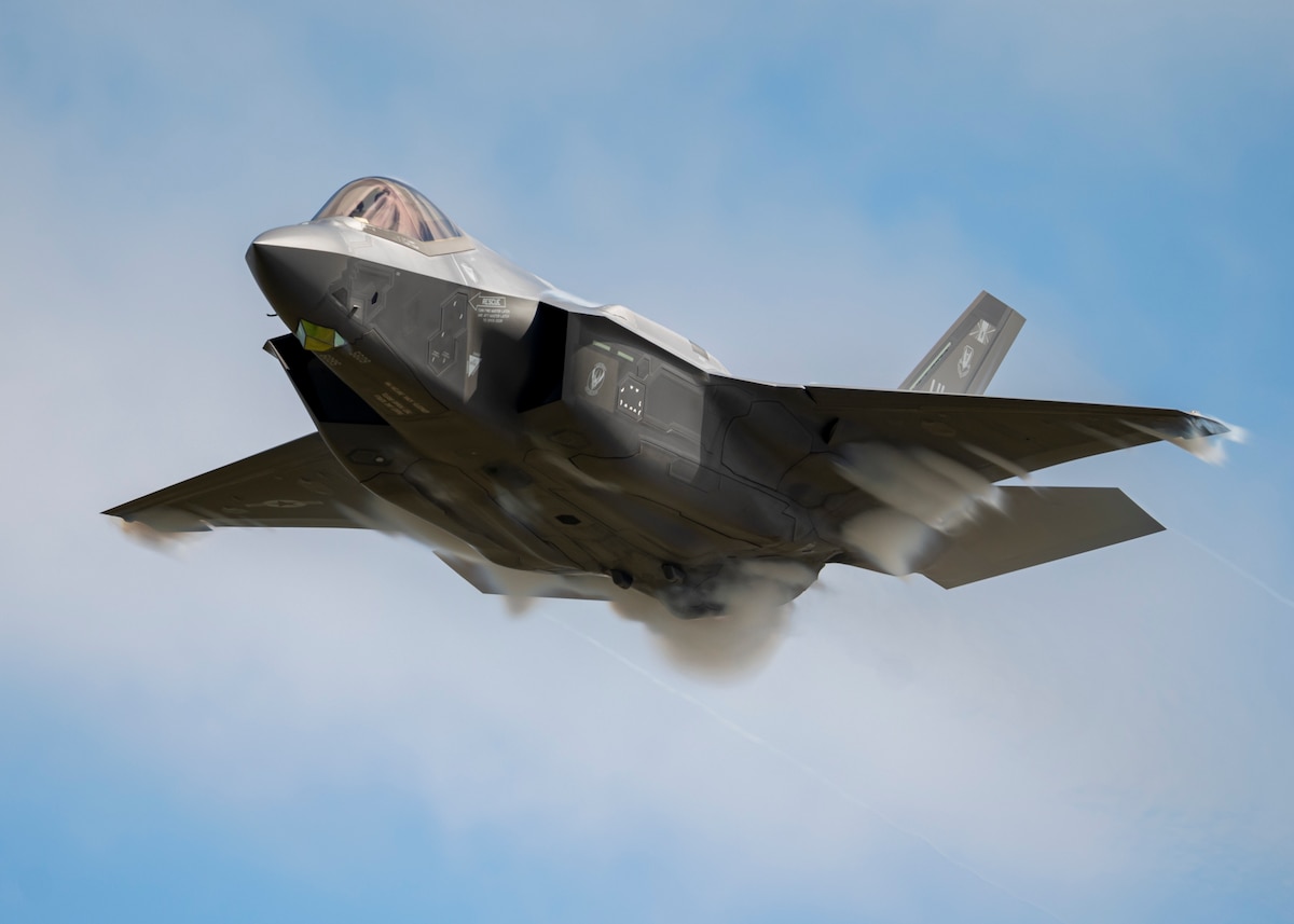 Maj. Melanie Kluesner, F-35A Demonstration Team pilot, performs aerial maneuvers in an F-35A Lightning II