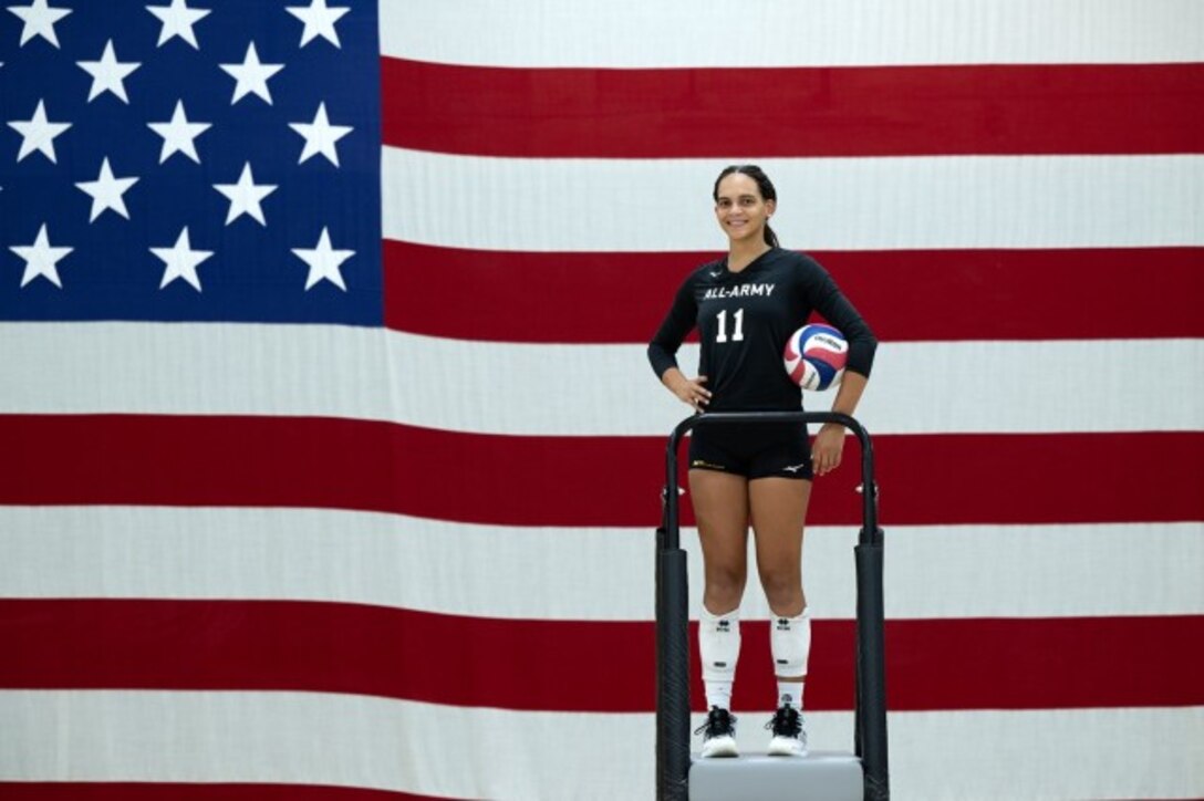 Spc. Julymar Otero, an outside hitter and setter for the All -Army Volleyball team, joined the Puerto Rico Army National Guard in 2020 to become a first responder during national disasters in Puerto Rico. Her maternal great grandfather and... (DOD photo by EJ Hersom)