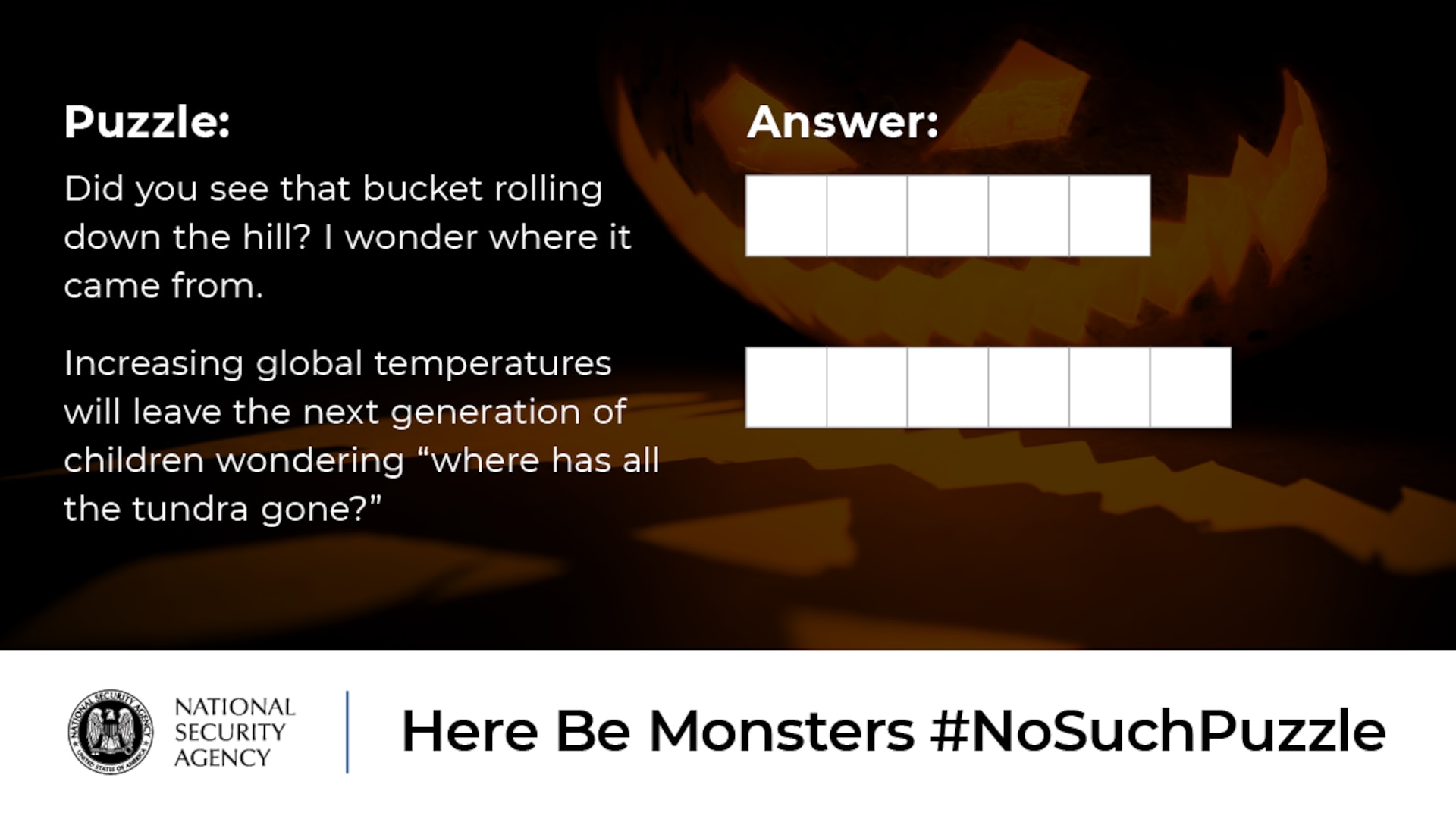 Did you see that bucket rolling down the hill? I wonder where it came from.
Increasing global temperatures will leave the next generation of children wondering "where has all the tundra gone?" 
No Such Puzzle: Here Be Monsters Puzzle 3 Graphic