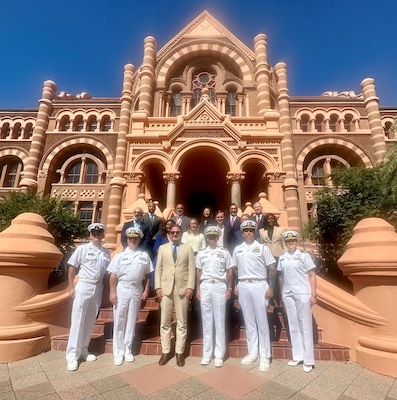 During Galveston Navy Week, Capt. Matthew Loe and the Navy Medicine team visited University of Texas Medical Branch (UTMB) in Galveston, Texas, his alma mater, on Oct. 24 to reconnect with former colleagues and school leaders. The visit included an executive meeting where discussions on shared priorities such as trauma care, research, and brain health were highlighted, enhancing the partnership between UTMB and Navy Medicine to create future educational and career opportunities for veterans and service members. Hundreds of Sailors are participating in more than 75 events throughout Galveston during the Navy Week from Oct. 21 – 27, 2004. (U.S. Navy photo by Arsenio R. Cortez Jr.)