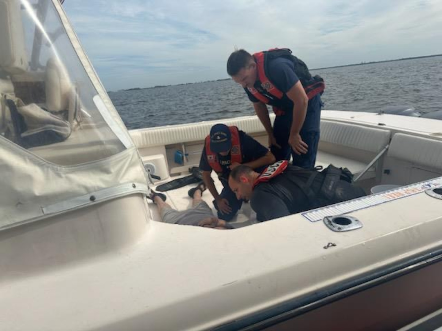 A Coast Guard Air Station Clearwater crew medevacs a 85-year-old man from a 36-foot recreational vessel 1 mile off St Petersburg, Florida, October 27, 2024. The man, who was reportedly experiencing heart attack-like symptoms, was safely transported to Tampa General Hospital in Tampa. (U.S. Coast Guard photo, courtesy Station St Petersburg)