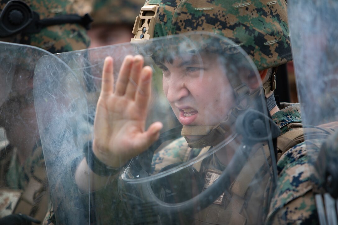 U.S. Marine Corps Lance Cpl. Brittyn Smiley, a military police officer with Headquarters and Headquarters Squadron, Marine Corps Air Station Iwakuni, and an Idaho native, braces for an attack as a part of a riot response training during exercise Keen Sword 25 at MCAS Iwakuni, Japan, Oct. 24, 2024. Keen Sword 25 is a biennial, joint and bilateral field-training exercise involving U.S. military and Japan Self-Defense Force personnel, designed to increase readiness and interoperability while strengthening the ironclad U.S.-Japan alliance. (U.S. Marine Corps photo by Sgt. Isaac Orozco)