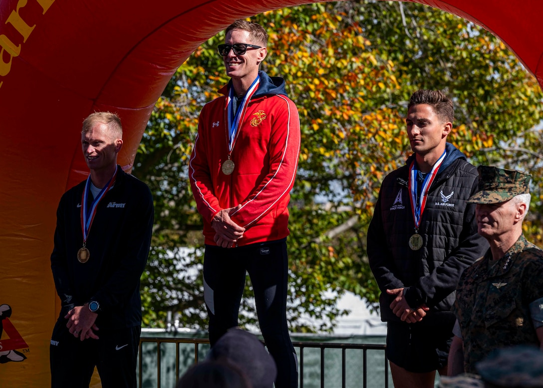 Gold medalist Marine Maj Kyle King, 29 Palms, CA; Silver Medalist Air Force Capt George Crist, Travis AFB, CA ; 
Bronze medalist CPT Kyle Smith, Fort Carson, CO. The 2024 Armed Forces Marathon Championships held in conjunction with the 49th Marine Corps Marathon on Sunday, October 27th. Service members from the Army, Marine Corps, Navy (with Coast Guard runners, and Air Force (with Space Force runners) go for gold.  Visit www.ArmedForcesSports.defense.gov to learn more about the Armed Forces Sports program and the other sports offered. (Department of Defense photo by MC2 Colby A. Mothershead – released).