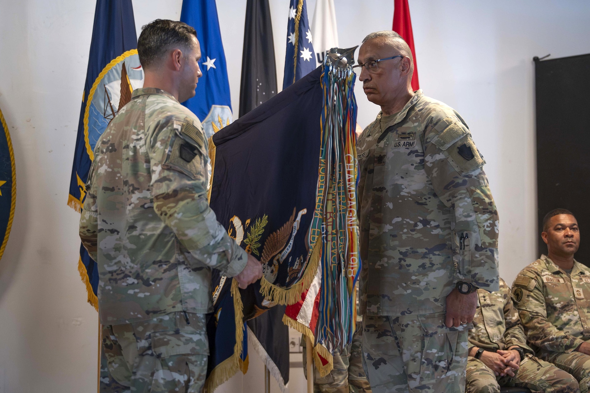 The Pennsylvania National Guard’s Task Force Associator assumed control over the security mission in East Africa from Task Force Paxton, another Pennsylvania National Guard Unit, during a transfer of authority ceremony at Camp Lemonnier, Djibouti Oct. 21, 2024. The ceremony is a military tradition representing a formal transfer of authority and responsibility for a mission from one unit to the next. (U.S. Army National Guard photo by SGT. Lark Sine)