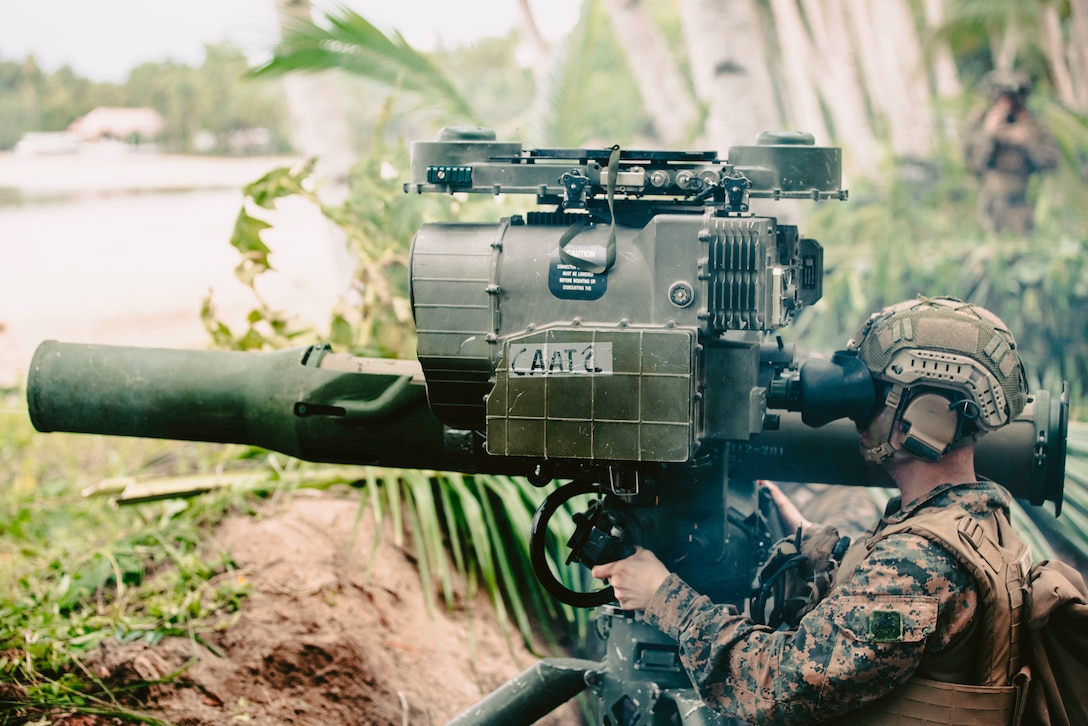 U.S. Marine Corps Cpl. Jaden Trevino, an antitank missile gunner assigned to Weapons Company, Battalion Landing Team 1/5, 15th Marine Expeditionary Unit, and a native of Texas, prepares to fire a M41A7 saber system during a live-fire coastal defense as part of exercise KAMANDAG 8 at Apurawan Beach, Palawan Province, Philippines, Oct. 22, 2024. KAMANDAG is an annual Philippine Marine Corps and U.S. Marine Corps-led exercise aimed at enhancing the Armed Forces of the Philippines’ defense and humanitarian capabilities by providing valuable training in combined operations with foreign militaries in the advancement of a Free and Open Indo-Pacific. This year marks the eighth iteration of this exercise and includes participants from the French Armed Forces, Royal Thai Marine Corps, and Indonesian Marine Corps; including continued participation from the Australian Defense Force, British Armed Forces, Japan Ground Self-Defense Force, and Republic of Korea Marine Corps. (U.S. Marine Corps photo by Cpl. Luis Agostini)