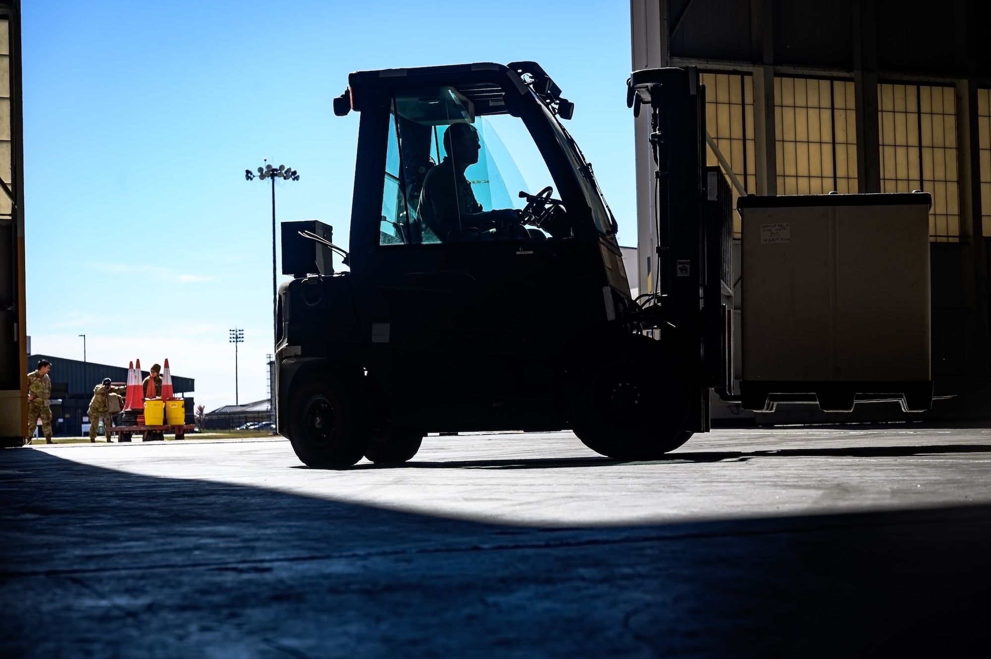 U.S. Tech. Sgt. Trajan Chastain 305th Aerial Port Squadron air transportation specialist, maneuvers a forklift during the APS Rodeo at Joint Base McGuire-Dix-Lakehurst, N.J., Oct. 17, 2024. The APS Rodeo is an annual event held to showcase top performers in an array of transportation challenges that simulate what it is like to work in a high-tempo environment. (U.S. Air Force photo by Senior Airman Matt Porter)