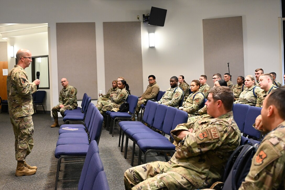 Chaplain Holmquist giving remarks during Airmanship 200