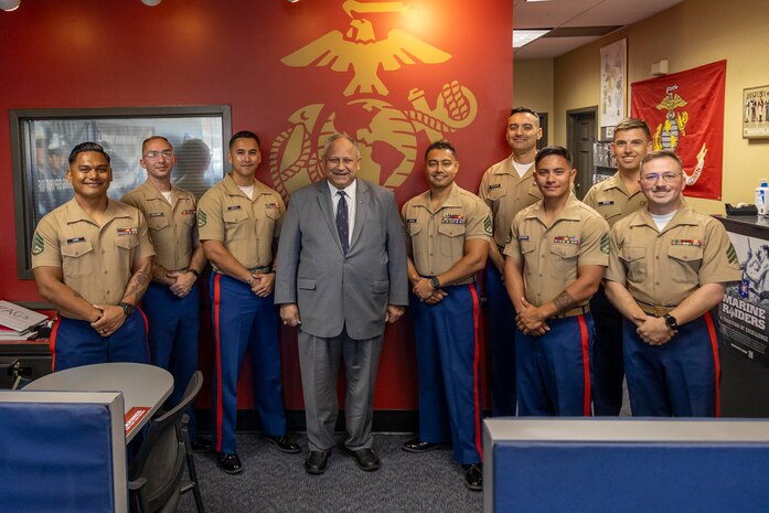 The Honorable Mr. Carlos Del Toro, Secretary of the Navy, and Marines with Recruiting Station Denver pose for a photo at Recruiting Sub-Station Springs North, Colorado Springs, Colo., on Oct. 5, 2024. Secretary of the Navy Carlos Del Toro visited RSS Springs North to congratulate the Marines for achieving their recruiting mission. (U.S. Marine Corps photo by Sgt. Jackson Ricker)