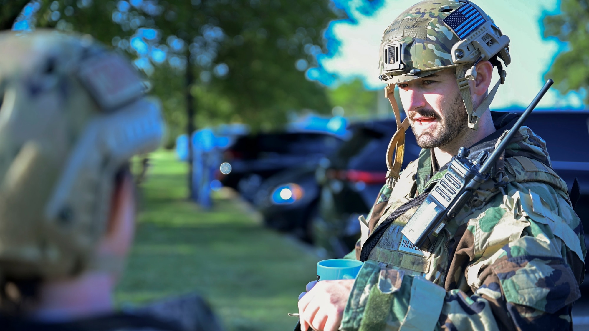 U.S. Air Force Senior Airman Samuel Baker, operations team member assigned to the 316th Civil Engineer Squadron, gives a mission brief during a Chemical, Biological, Radiological, and Nuclear training exercise at Joint Base Andrews, Md., Aug. 23, 2024. The brief outlined key reconnaissance and safety procedures, emphasizing the importance of communication and coordination in high-stress environments. (U.S. Air Force photo by Staff Sgt. Isaac March)