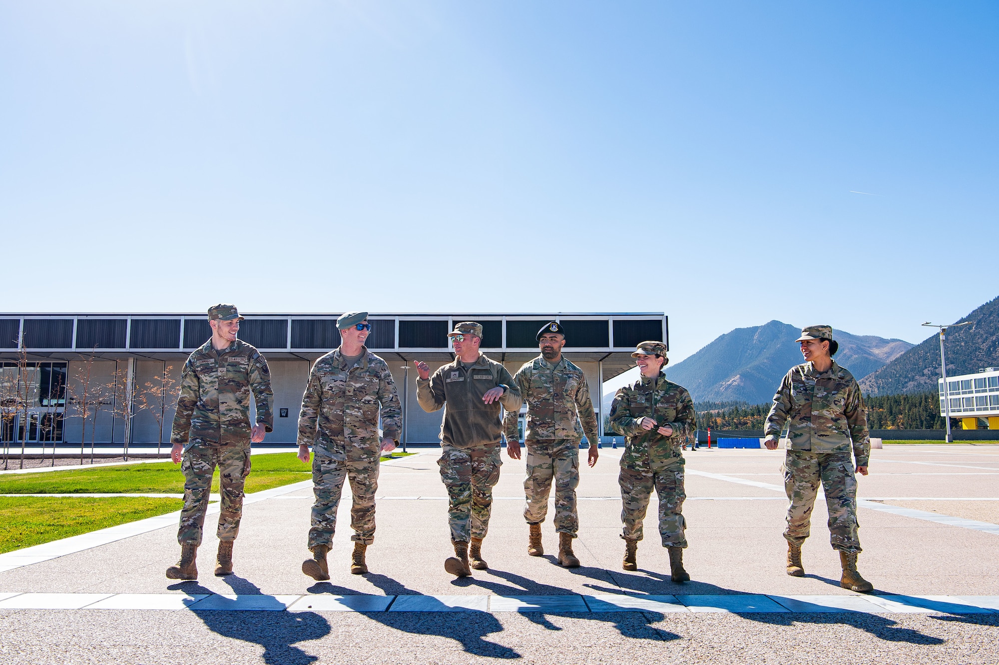 Cadet 2nd Class Will Beaman and members of the 2024 Outstanding Airmen of the Year (OAY) cohort explore the cadet area during the 2024 OAY immersion at the U.S. Air Force Academy, Colo., Oct. 25, 2024. The visit provided cadets an invaluable opportunity to engage with the Air Force’s top performing enlisted members ahead of the 2025 National Character and Leadership Symposium (U.S. Air Force photo by Dylan Smith).