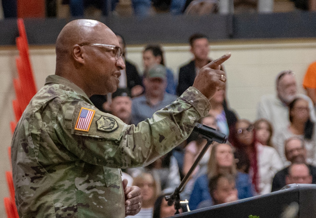 Maj. Gen. Rodney Boyd, The Adjutant General of Illinois and Commander of the Illinois National Guard, issues four challenges to the Soldiers of the 725th Transportation Company during the unit’s mobilization ceremony Oct. 24 at Harlem High School in Machesney Park.