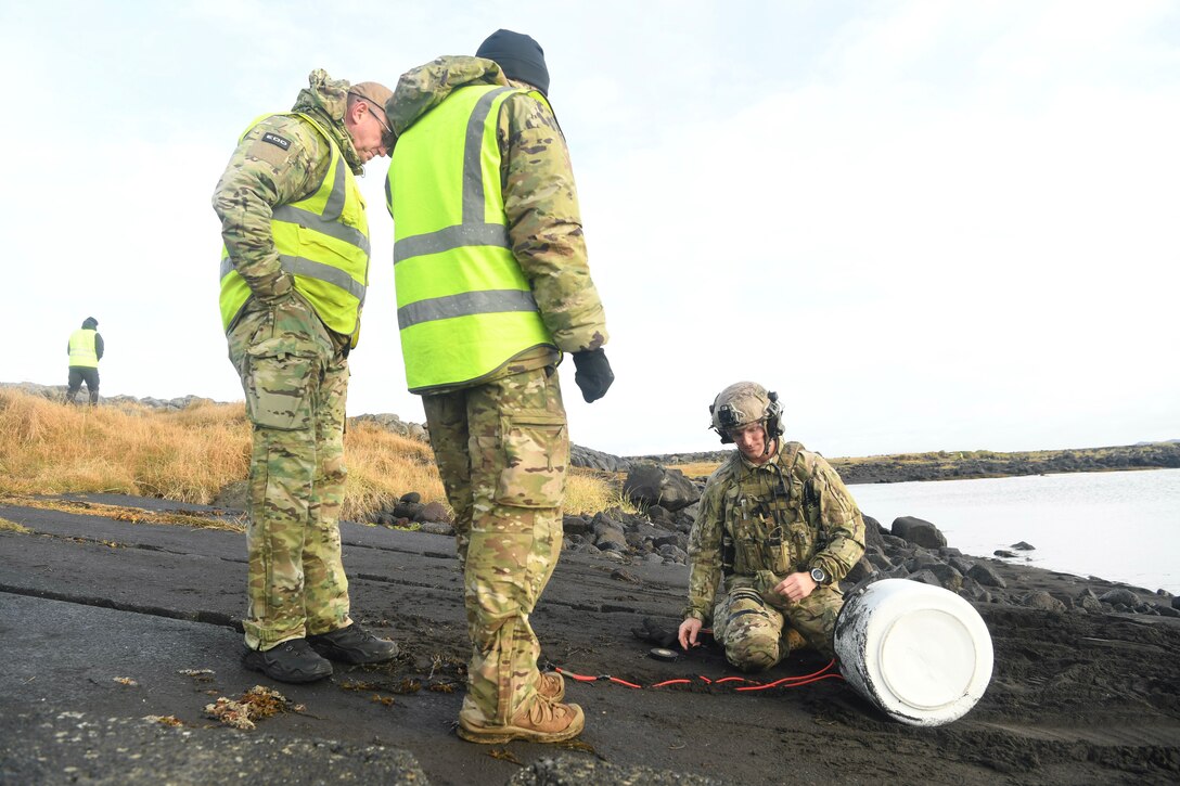 U.S. Navy Explosive Ordnance Disposal (EOD) technicians assigned to EOD Mobile Unit 8 conduct clearance and disposal operations of improvised explosive devices during Northern Challenge 2024 in Keflavik, Iceland, Sept. 29, 2024. Northern Challenge is an annual, joint-funded multinational EOD exercise hosted by the Icelandic Coast Guard aimed at preparing NATO Allies and NATO’s Partnership for Peace partners for international deployments and defense against terrorism.