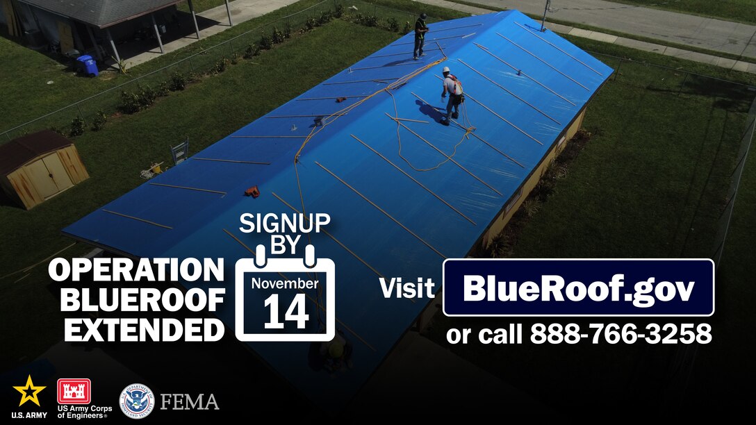 SARASOTA, Fla. – At the request of the State of Florida and FEMA, the U.S. Army Corps of Engineers will continue to collect Right of Entry (ROE) forms for Operation Blue Roof through Thursday, Nov. 14, extending the original deadline by nine days. Homeowners impacted by Hurricane Milton can sign-up for this FREE service at BlueRoof.gov or by calling toll free 1-888-ROOF-BLU (1-888-766-3258).