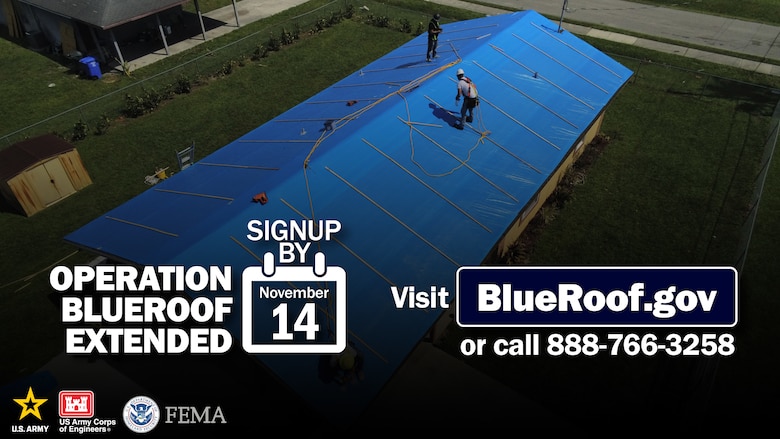 SARASOTA, Fla. – At the request of the State of Florida and FEMA, the U.S. Army Corps of Engineers will continue to collect Right of Entry (ROE) forms for Operation Blue Roof through Thursday, Nov. 14, extending the original deadline by nine days. Homeowners impacted by Hurricane Milton can sign-up for this FREE service at BlueRoof.gov or by calling toll free 1-888-ROOF-BLU (1-888-766-3258).