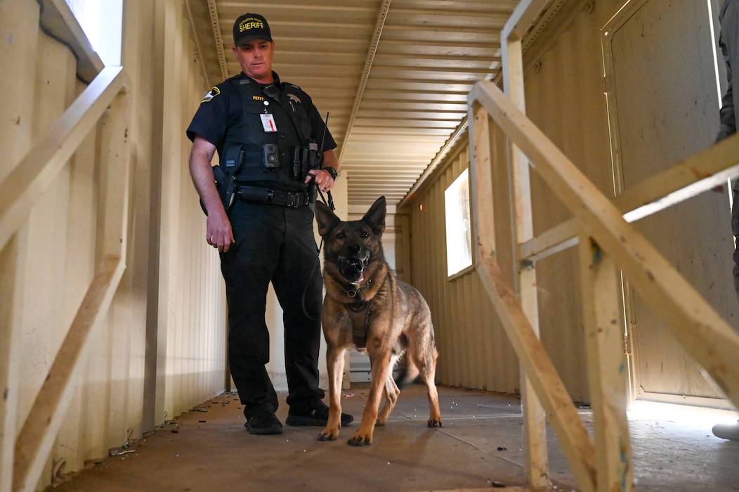 U.S. Air Force Airmen from the 9th Security Forces Squadron work alongside the Sacramento County Sheriff’s Office Airport Bureau explosive detection K9 team during joint training organized by Beale’s Explosive Ordnance Disposal team at Beale Air Force Base, California, Oct. 24, 2024