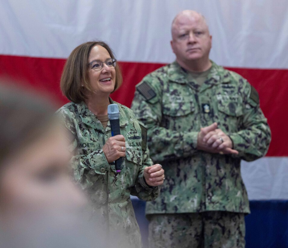 (left) Chief of Naval Operations (CNO) Adm. Lisa Franchetti and Master Chief Petty Officer of the Navy James Honea held an All Hands Call onboard Naval Support Activity Panama City, Fla., Oct. 24. Service members and civilians learned more about the CNO’s Navigation Plan and had the opportunity to ask questions and meet with them. (U.S. Navy photo by Eddie Green)