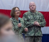 (left) Chief of Naval Operations (CNO) Adm. Lisa Franchetti and Master Chief Petty Officer of the Navy James Honea held an All Hands Call onboard Naval Support Activity Panama City, Fla., Oct. 24. Service members and civilians learned more about the CNO’s Navigation Plan and had the opportunity to ask questions and meet with them. (U.S. Navy photo by Eddie Green)