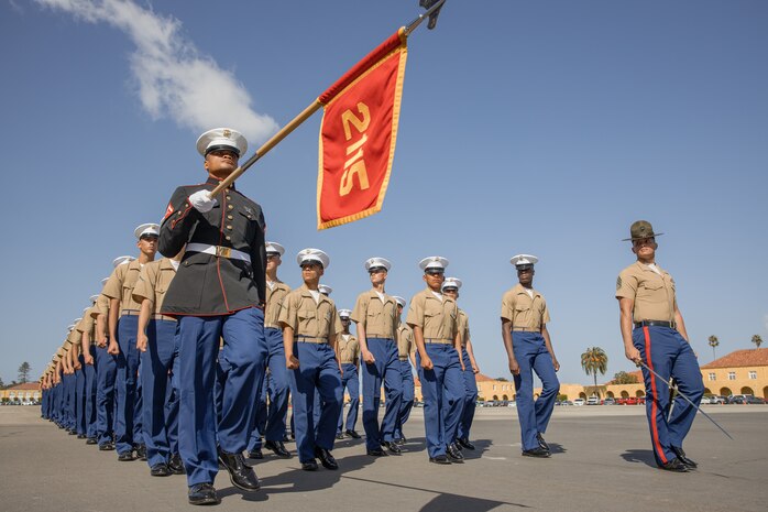 U.S. Marines with Echo Company, 2nd Recruit Training Battalion, march in formation during their graduation ceremony at Marine Corps Recruit Depot San Diego, California, Oct. 18, 2024. Graduation took place at the completion of the 13-week transformation, which included training for drill, marksmanship, basic combat skills, and Marine Corps customs and traditions. (U.S. Marine Corps photo by Cpl. Sarah M. Grawcock)