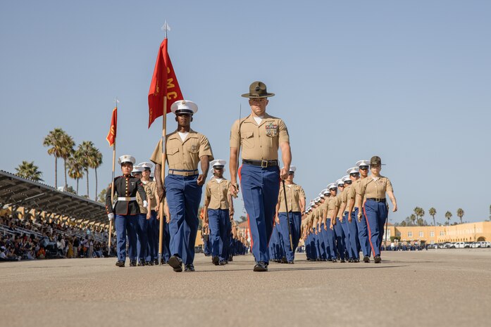 U.S. Marines with Echo Company, 2nd Recruit Training Battalion, march in formation during their graduation ceremony at Marine Corps Recruit Depot San Diego, California, Oct. 18, 2024. Graduation took place at the completion of the 13-week transformation, which included training for drill, marksmanship, basic combat skills, and Marine Corps customs and traditions. (U.S. Marine Corps photo by Cpl. Sarah M. Grawcock)