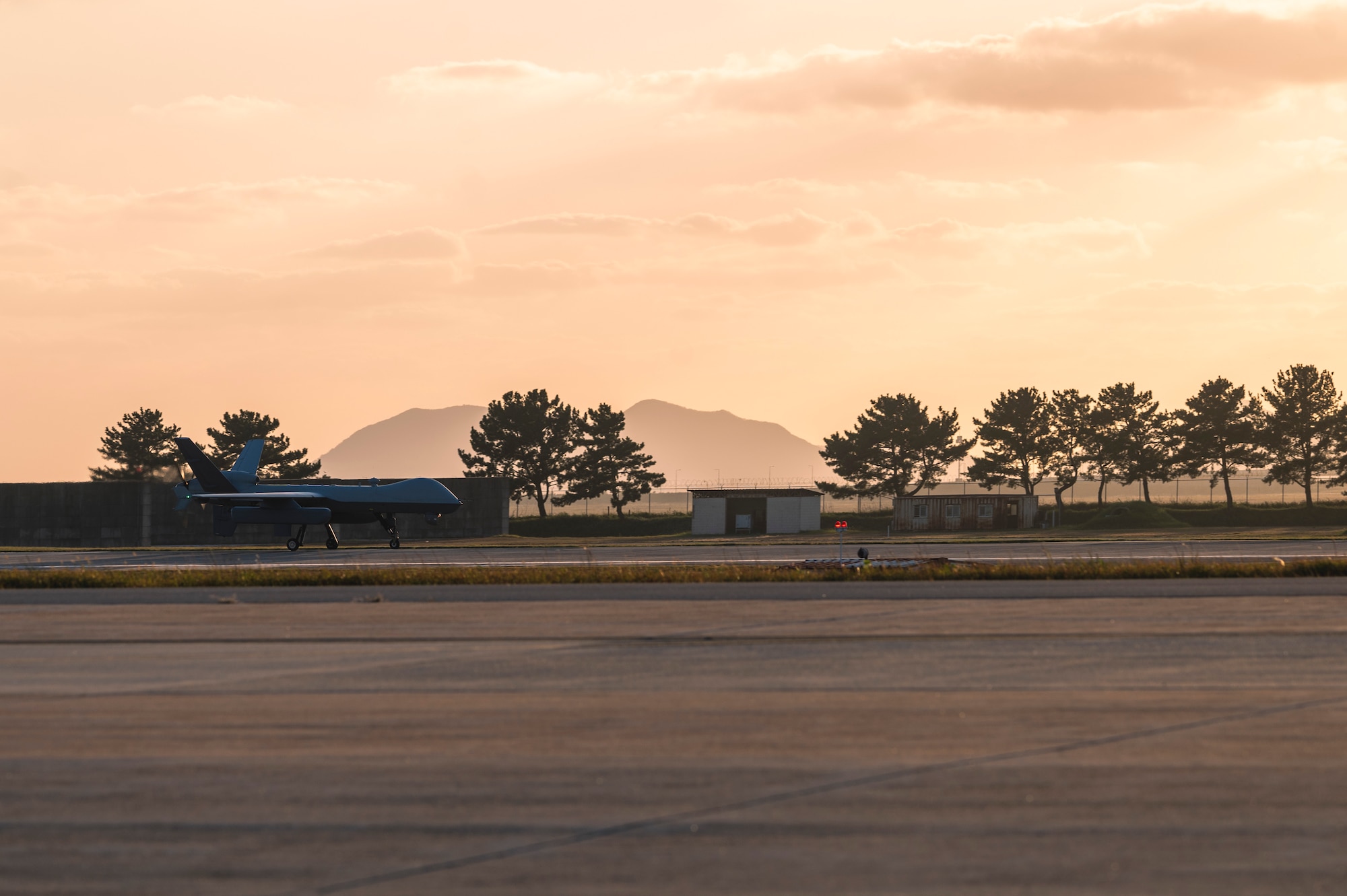 An MQ-9 Reaper taxis on the runway after landing in support of Freedom Flag 24-1.