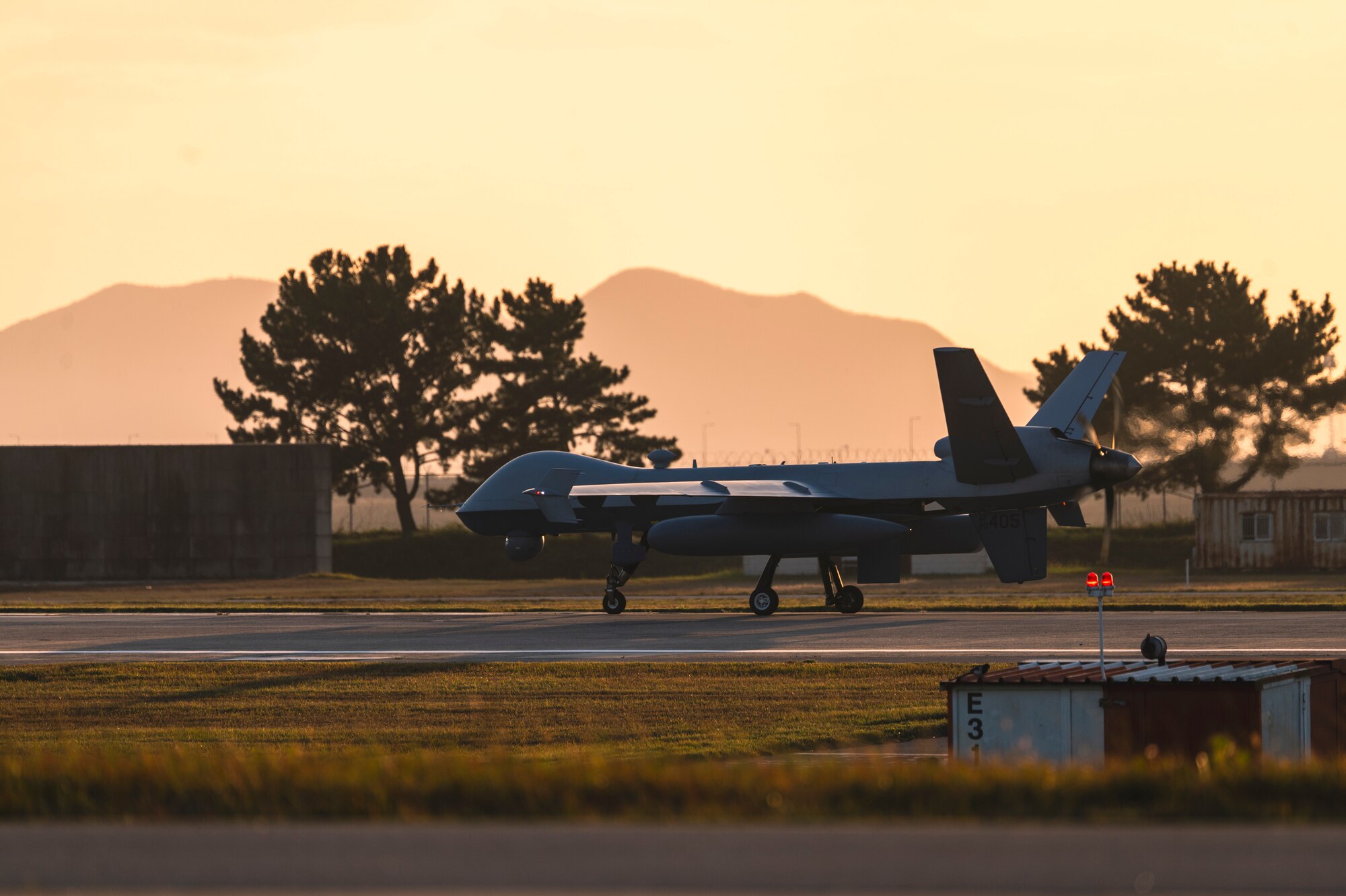 An MQ-9 Reaper taxis on the runway after landing in support of Freedom Flag 24-1.