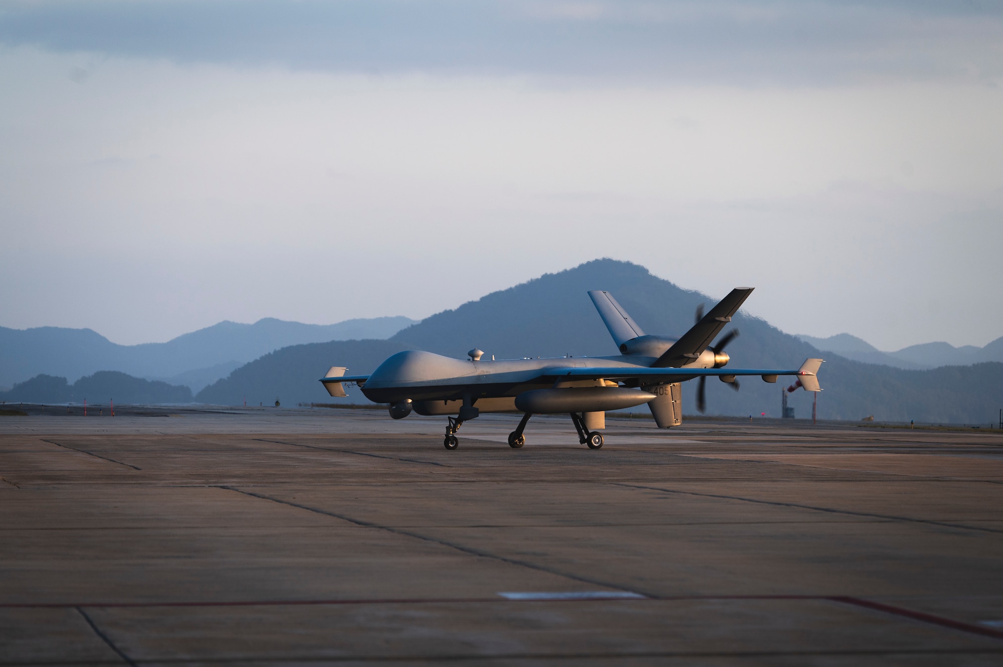 An MQ-9 Reaper taxis on the runway after landing in support of Freedom Flag 24-1.