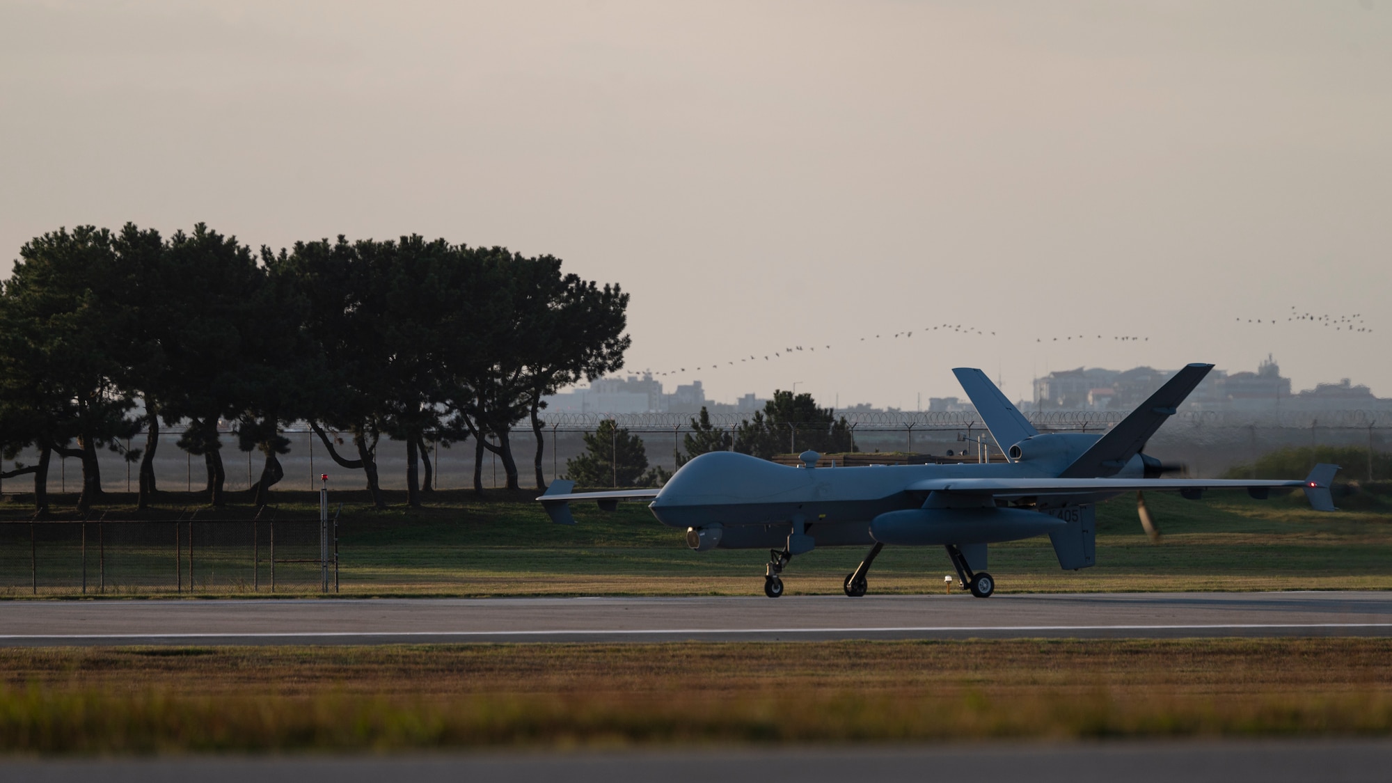 An MQ-9 Reaper taxis on the runway after landing in support of Freedom Flag 24-1.