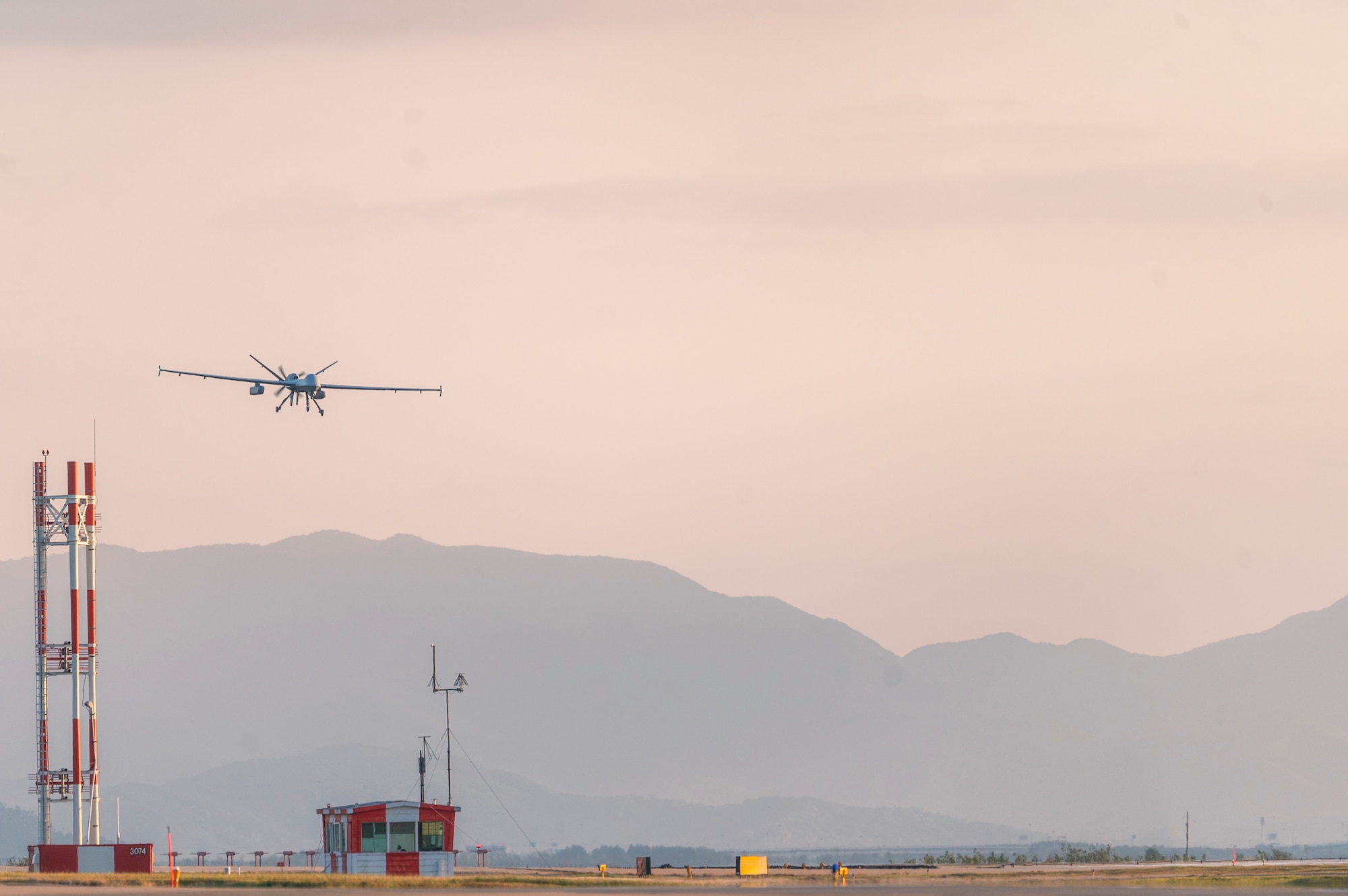 An MQ-9 Reaper approaches the runway at Kunsan Air Base, Republic of Korea, in support of Freedom Flag 24-1.