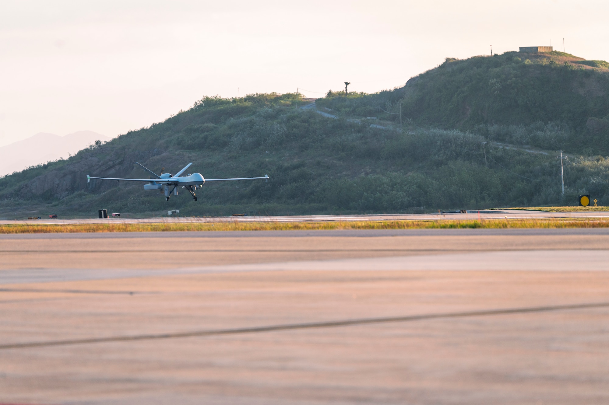 An MQ-9 Reaper approaches the runway at Kunsan Air Base, Republic of Korea, in support of Freedom Flag 24-1.