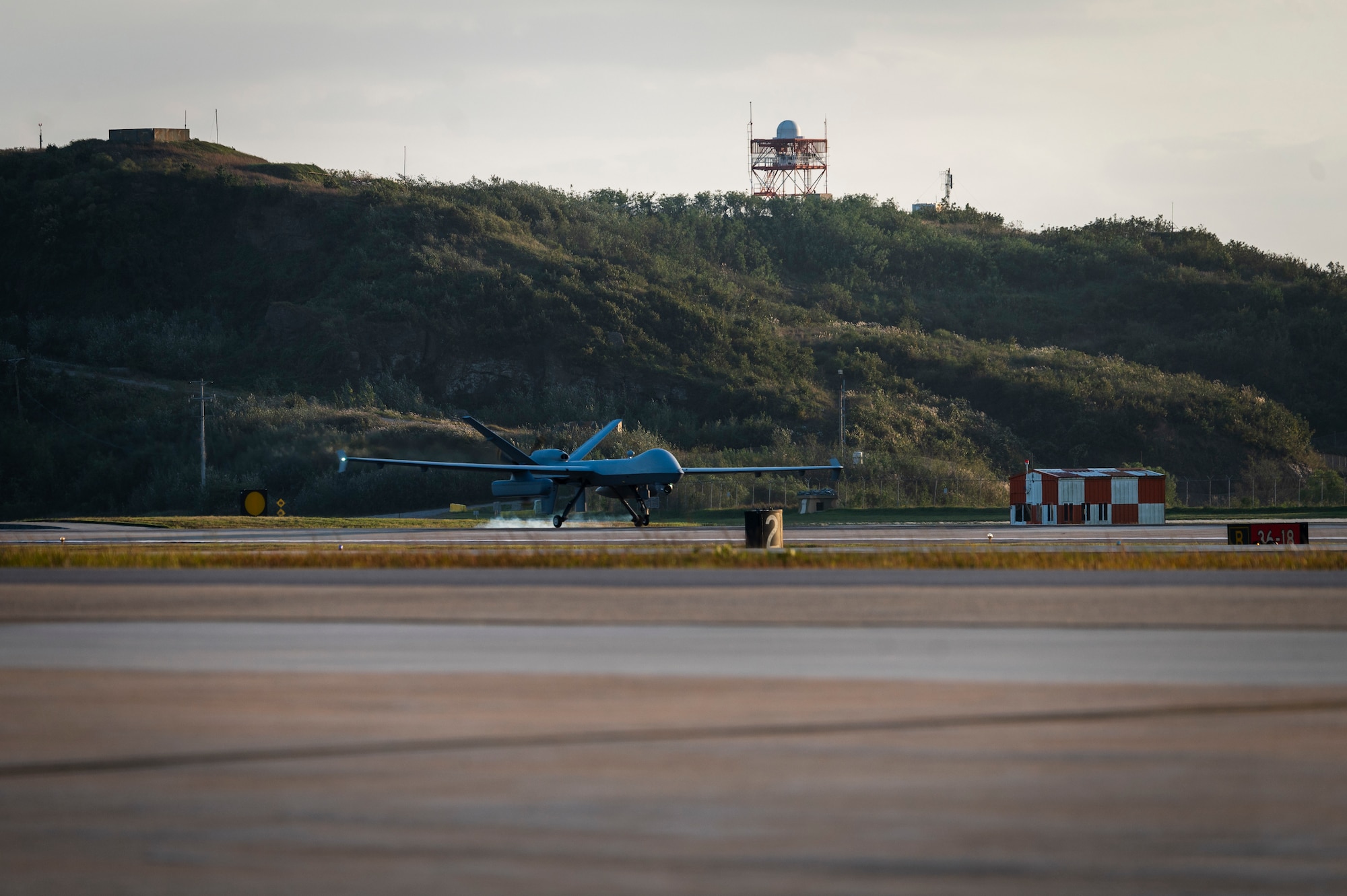 An MQ-9 Reaper approaches the runway to land at Kunsan Air Base, Republic of Korea, in support of Freedom Flag 24-1.