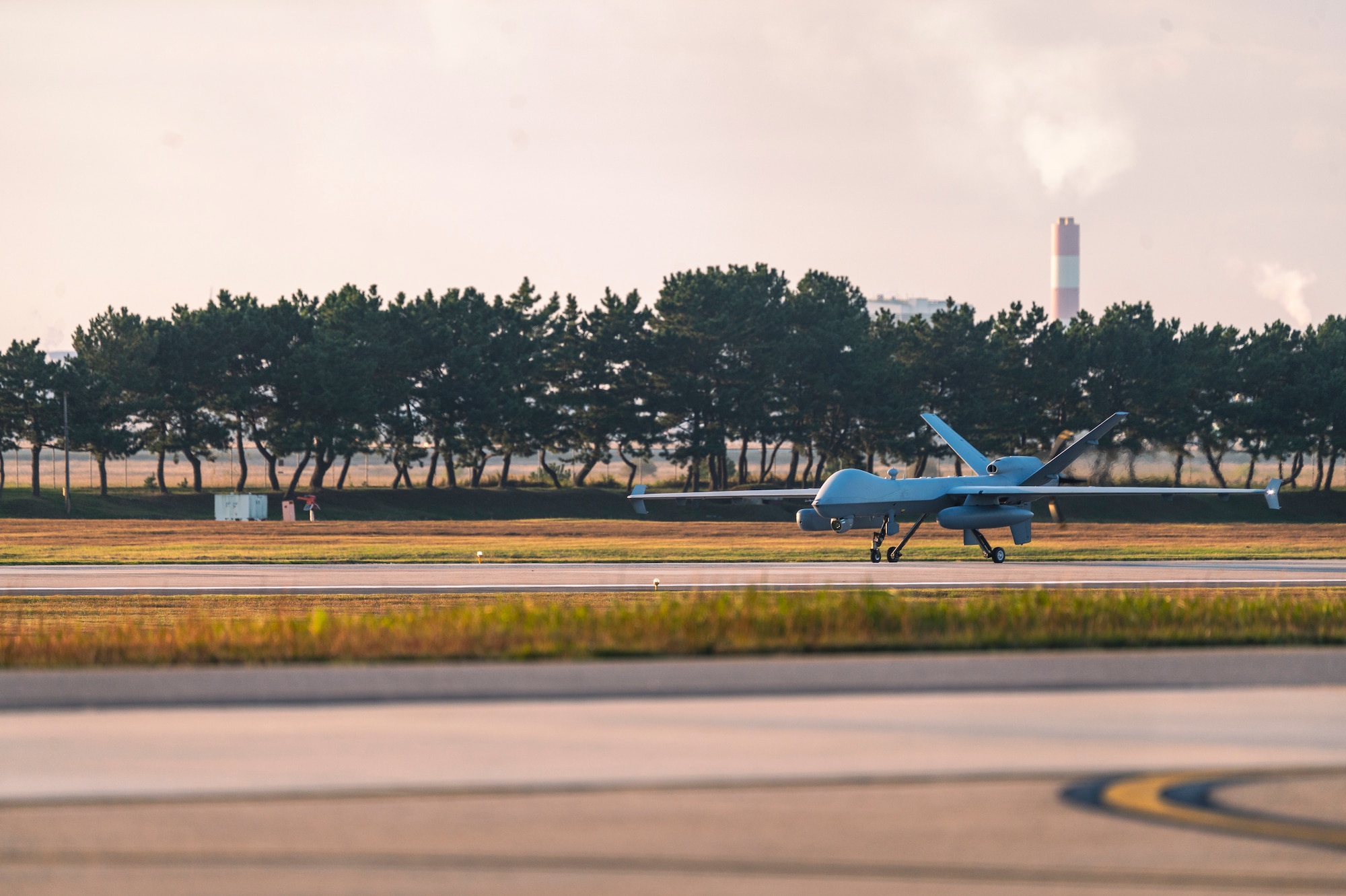 An MQ-9 Reaper taxis on the runway after landing in support of Freedom Flag 24-1.