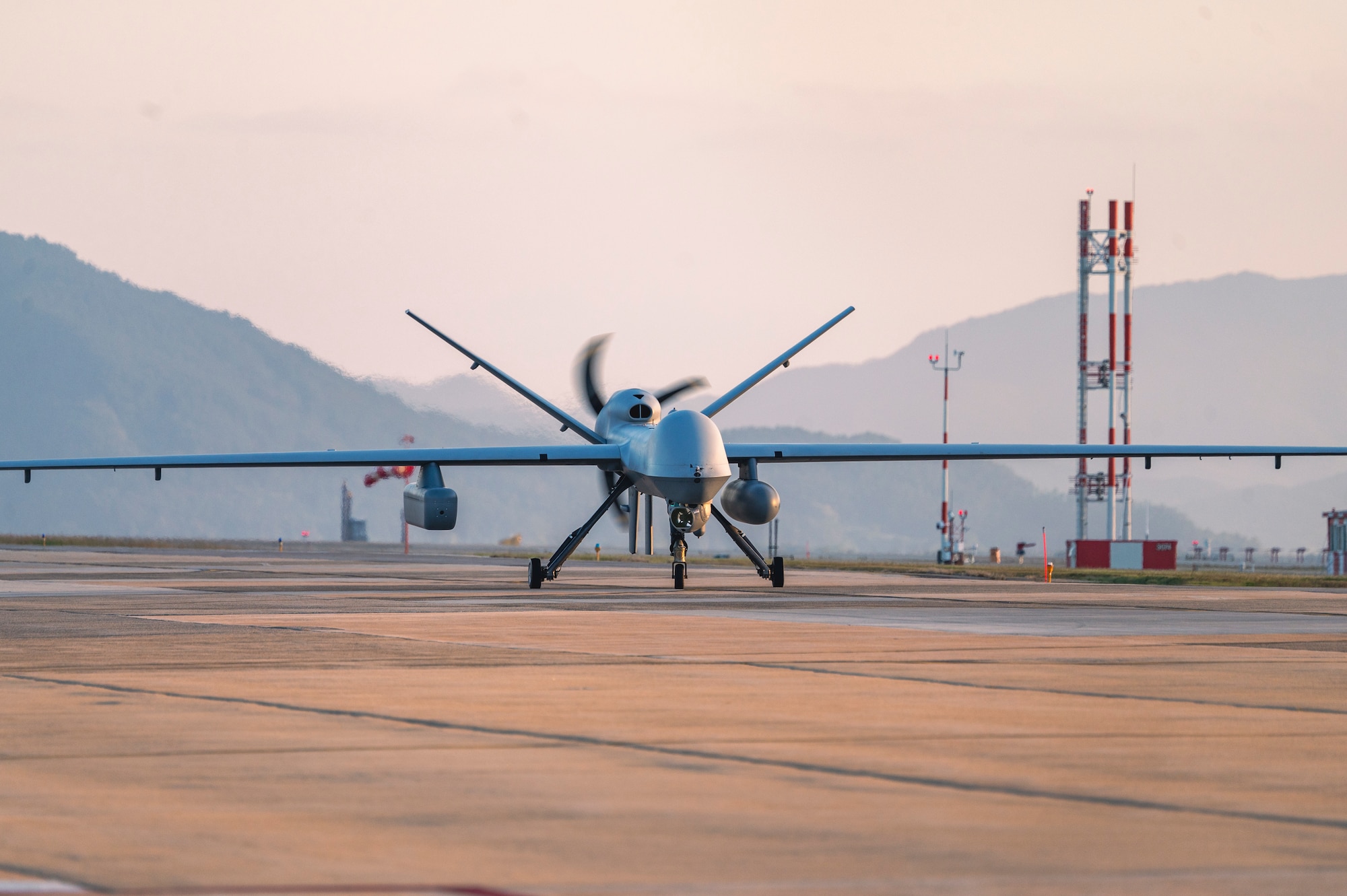 An MQ-9 Reaper taxis on the runway after landing in support of Freedom Flag 24-1.