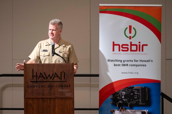 Adm. Samuel J. Paparo, commander of U.S. Indo-Pacific Command, delivers a keynote speech at the Pacific Tech / Pacific Defense Contracting 2024 Conference, in Honolulu, Oct. 28.