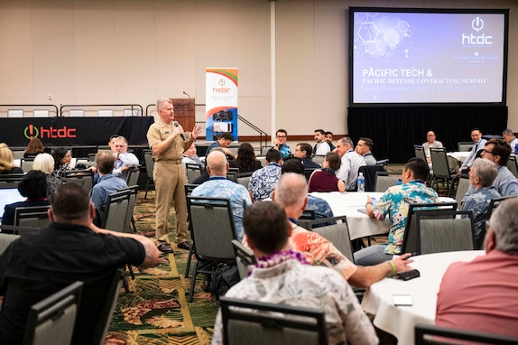 Adm. Samuel J. Paparo, commander of U.S. Indo-Pacific Command, delivers a keynote speech at the Pacific Tech / Pacific Defense Contracting 2024 Conference, in Honolulu, Oct. 28.