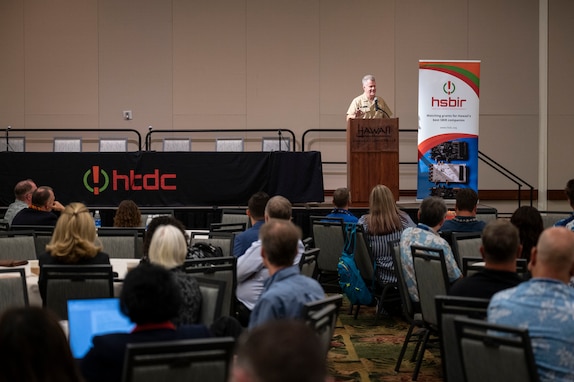 Adm. Samuel J. Paparo, commander of U.S. Indo-Pacific Command, delivers a keynote speech at the Pacific Tech / Pacific Defense Contracting 2024 Conference, in Honolulu, Oct. 28.