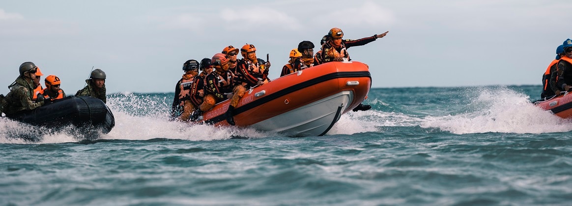 Philippine Marines with 4th Marine Brigade and service members of Amphibious Rapid Deployment Brigade, Japan Ground Self-Defense Force, conduct an amphibious insertion of medical personnel as part of a humanitarian aid and disaster relief demonstration during KAMANDAG 8 at Camp Cape Bojeador, Burgos, Philippines, Oct. 20, 2024.