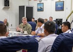 YOKOSUKA, Japan (Oct. 24, 2024) – Vice Adm. Fred Kacher, commander, U.S. 7th Fleet speaks to First Admiral Gung Putu Alit Jaya, Head of Naval Operations and Exercise and Indonesian staff counterparts during a U.S.-Indonesian leadership engagement onboard Commander, Fleet Activities Yokosuka, Oct. 23-24, 2024.
