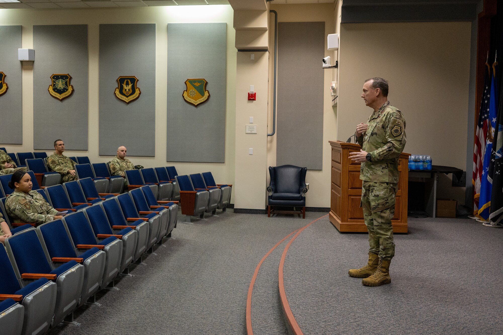 Col. David Wyrick, 377th Air Base Wing deputy commander speaks at the First Sergeants Symposium on Kirtland Air Force Base, N.M. on Oct. 28. Wyrick reflected on the importance of the First Sergeant role and the role they play in protecting the well-being of airmen. (U.S. Air Force photo by Airman 1st Class Donnell Schroeter)