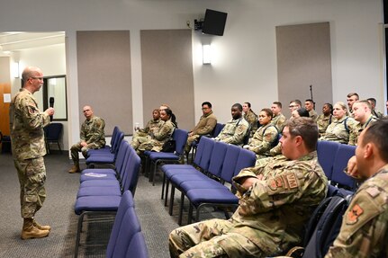Chaplain Holmquist giving remarks during Airmanship 200