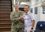 OKOSUKA, Japan (Oct. 24, 2024) – Vice Adm. Fred Kacher, commander, U.S. 7th Fleet and First Admiral Gung Putu Alit Jaya, Head of Naval Operations and Exercise shake hands after concluding staff talks as part of a U.S.-Indonesian leadership engagement onboard Commander, Fleet Activities Yokosuka, Oct. 23-24, 2024.