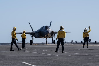 An F-35B Lightning II undergoes developmental sea trials aboard JS Kaga (DDH-184) in the eastern Pacific Ocean.