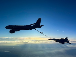 A U.S. Navy F/A-18F Super Hornet refuels from a U.S. Air Force KC-135 over Sweden during the NATO-led maritime vigilance activity Neptune Strike.