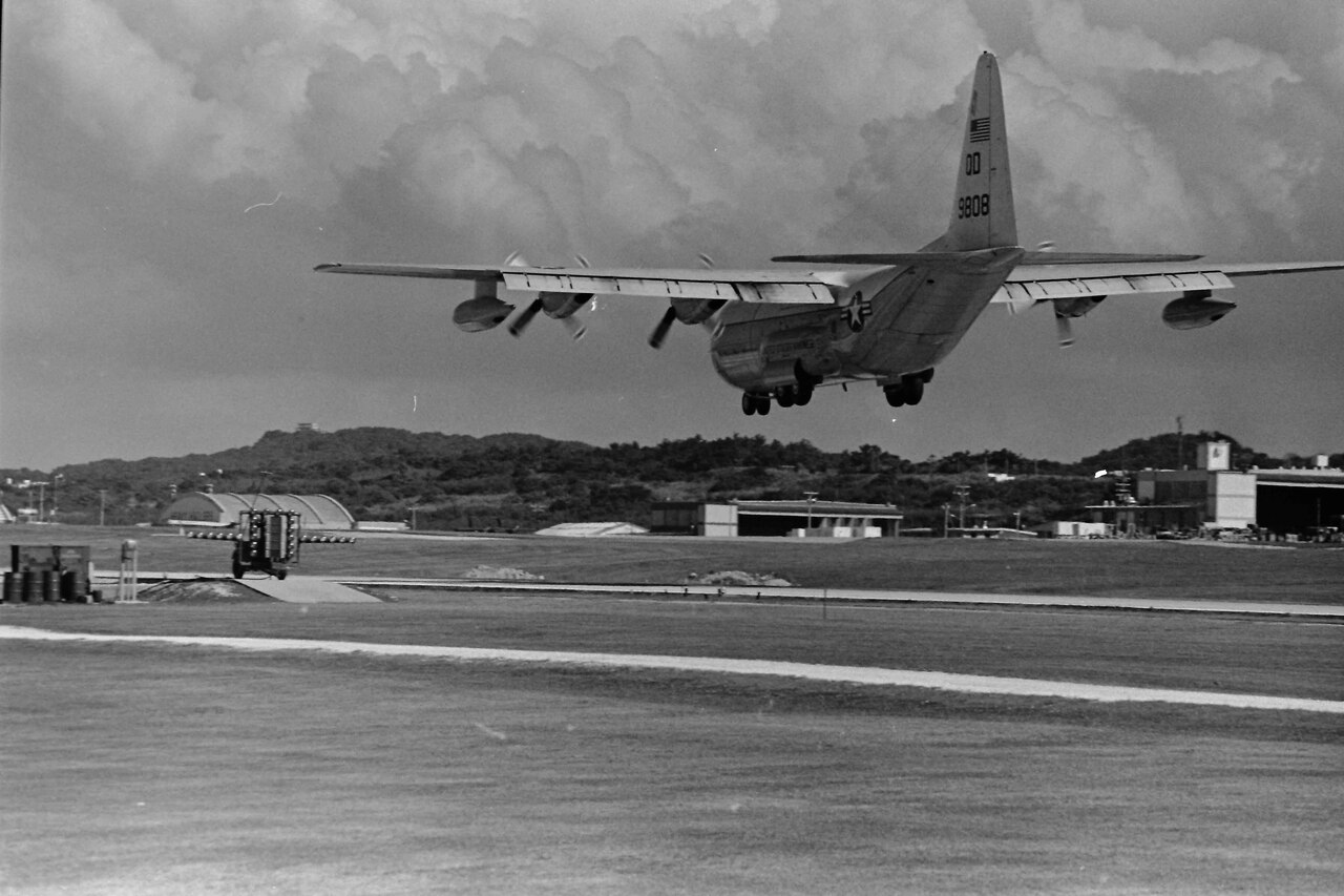 An airplane prepares to land.