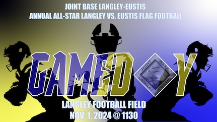 A silhouettes of a quarterback prepping to through the football and two receivers running with the football, a yellow and blue background to represent each branch and white text providing the information of when and where the game would be played.