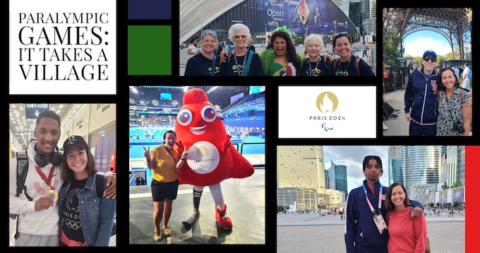 A collage of photos of a person at the paralympic games.