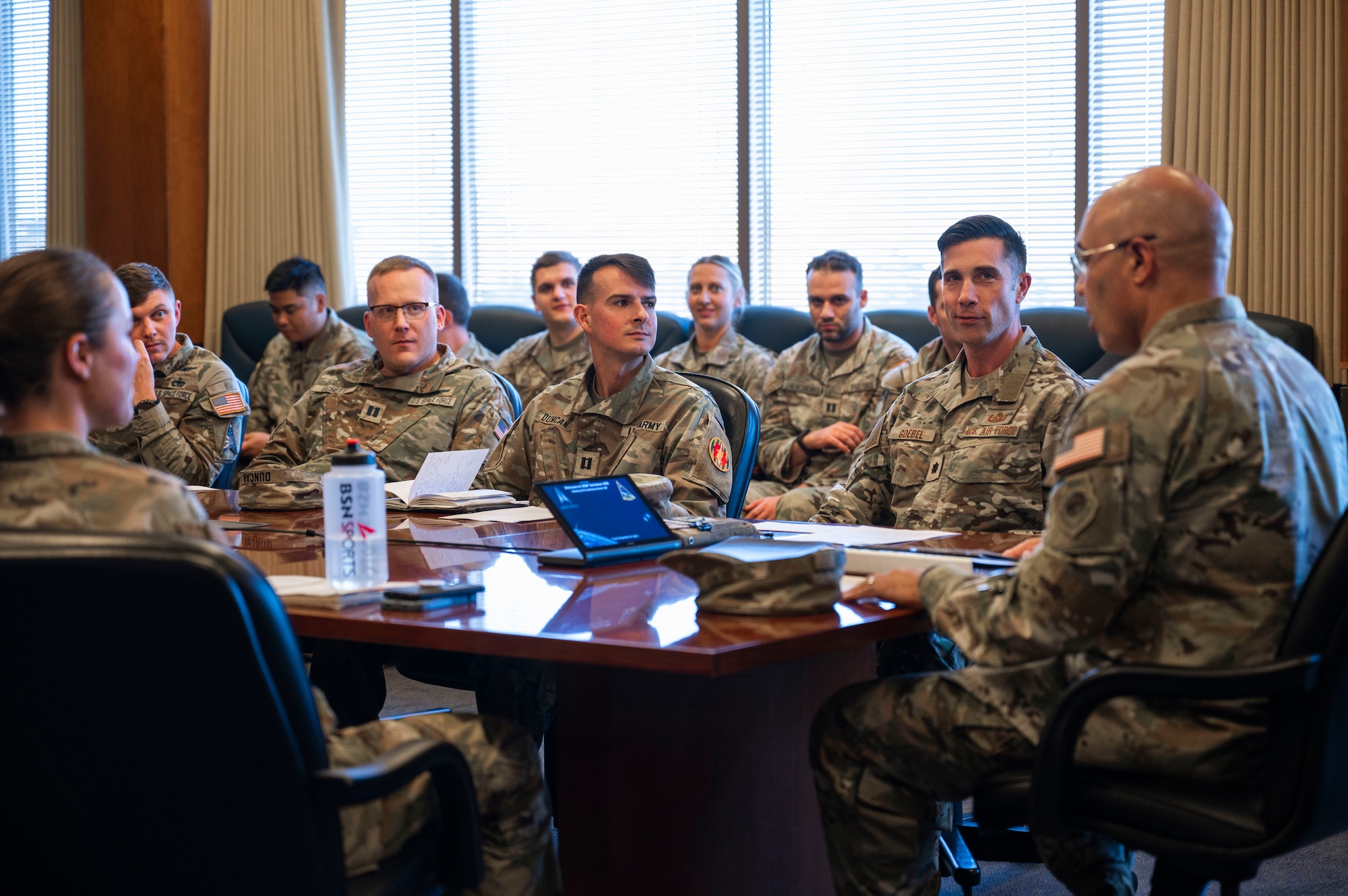 U.S. Space Force Lt. Gen. David N. Miller Jr., Space Operations Command commander, addresses the room during a joint officer development session at Schriever Space Force Base, Colorado, Oct. 25, 2024. The development session was part of an ongoing initiative to empower company grade officers and was led by U.S. Air Force Maj. Katie Foote, 50th Contracting Squadron commander and Maj. Dayne Foote, 50th Security Forces Squadron commander. (U.S. Space Force photo by Staff Sgt. Natalie Rubenak)